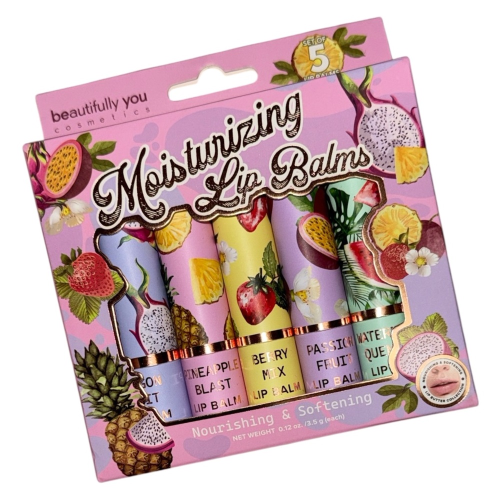 •BEAUTIFULLY YOU•NIB SET OF 5 FRUIT FLAVORED MOISTURIZING LIP BALMS 0.12oz/3.5g